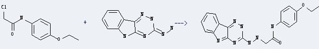 Acetamide,2-chloro-N-(4-ethoxyphenyl)- can react with 3-hydrazino-5H-[1,2,4]triazino[5,6-b]indole to produce N-(4-ethoxy-phenyl)-2-[N'-(9H-1,3,4,9-tetraaza-fluoren-2-yl)-hydrazino]-acetamide